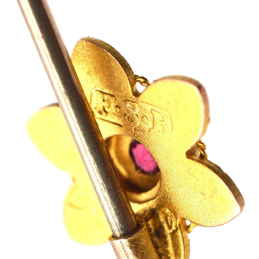 Edwardian 9ct gold flower tie pin with ruby center from E F Braham Ltd, perfect for silk ties.
