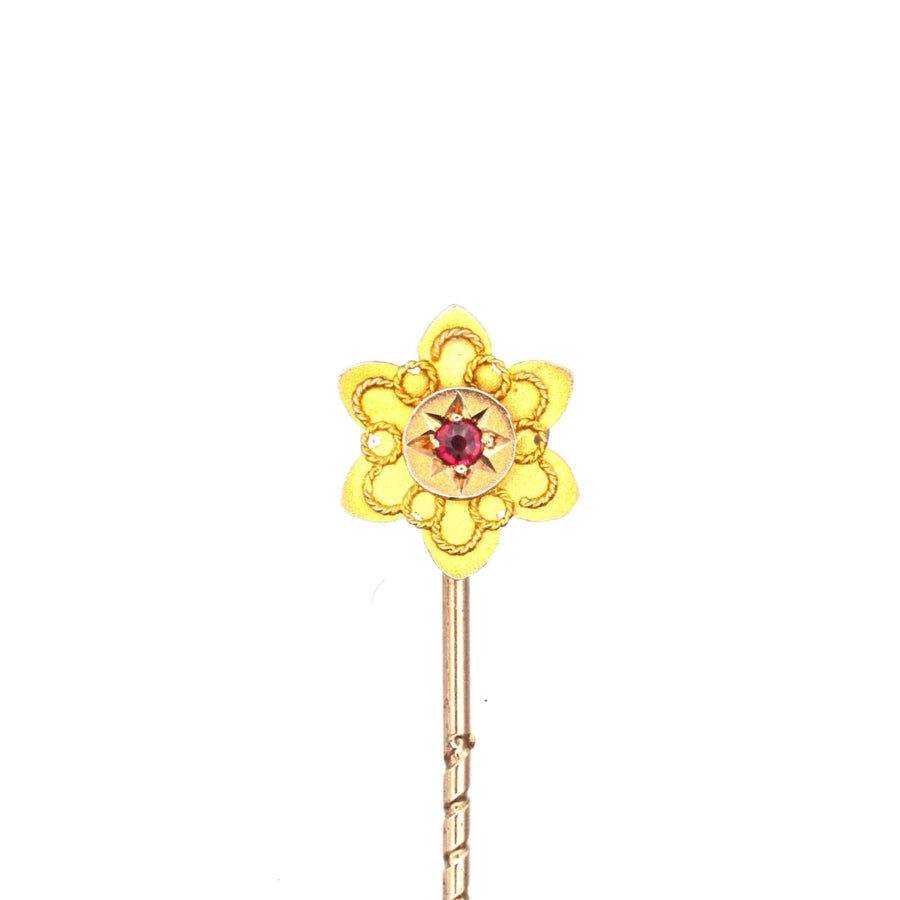 Edwardian 9ct gold flower tie pin set with a ruby, crafted by E F Braham Ltd in the 1900s, ideal for colorful ties.