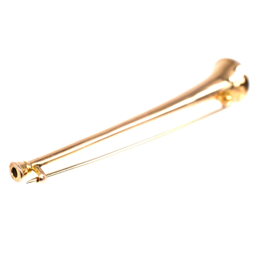Edwardian 9ct gold hunting horn brooch, perfect for lapels or ties, adding charm to any jewelry collection.