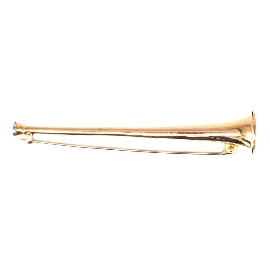 Edwardian 9ct gold hunting horn brooch, playful design perfect for lapels and ties, quirky jewelry addition.