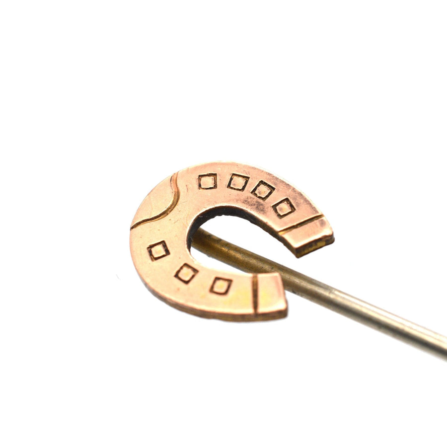 9ct gold lucky horseshoe tie pin symbolizing good luck and protection from evil, inspired by Edwardian design.