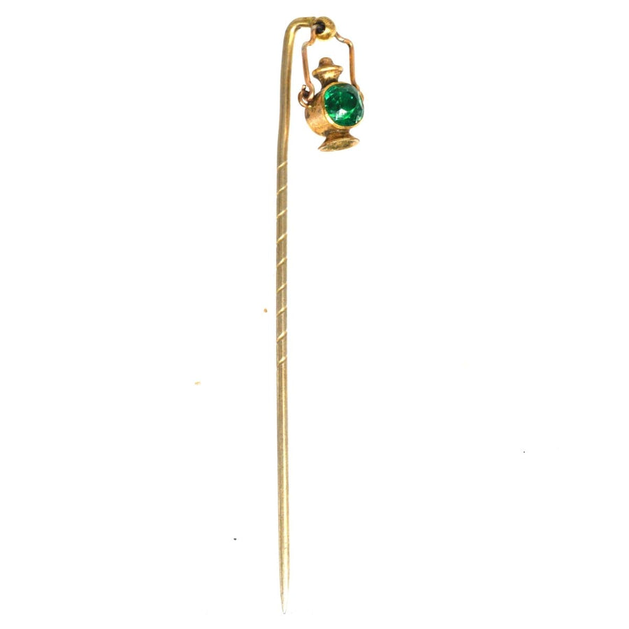 Edwardian 9ct gold tie pin shaped like a railway signal lamp with green light, symbolizing single status.
