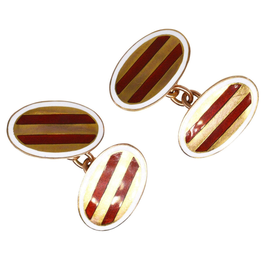 Edwardian 9ct gold oval cufflinks with red striped enamel and white frame, crafted by Henry Hobson & Sons.