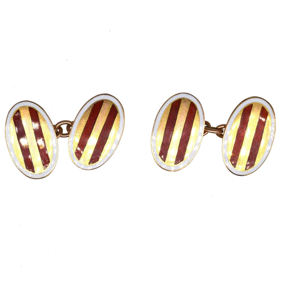Edwardian 9ct gold oval cufflinks with red striped enamel and white frame, handcrafted circa 1910s.