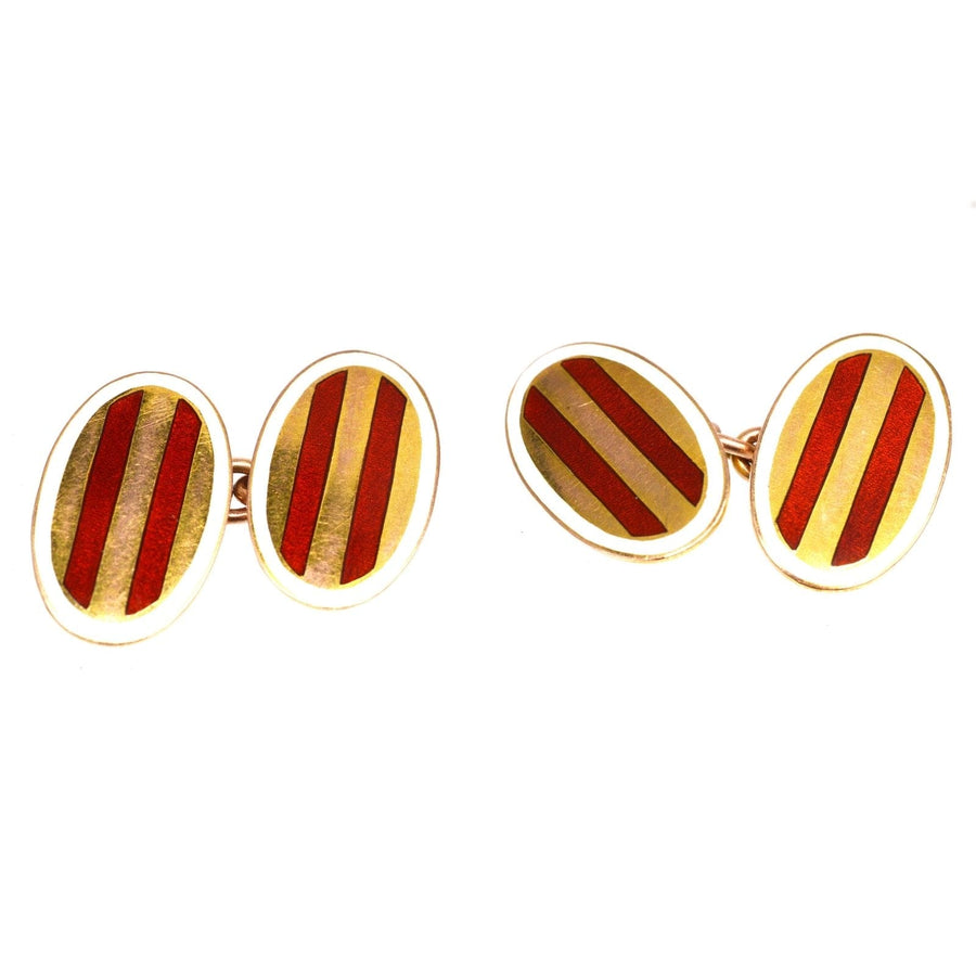 Edwardian 9ct gold oval cufflinks with red striped enamel and white frame, crafted by Henry Hobson & Sons, circa 1910s.