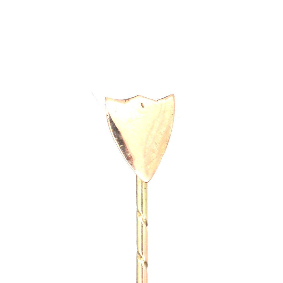 Edwardian 9ct gold shield tie pin, stylish modern design with engraving option, includes stopper for secure wear.