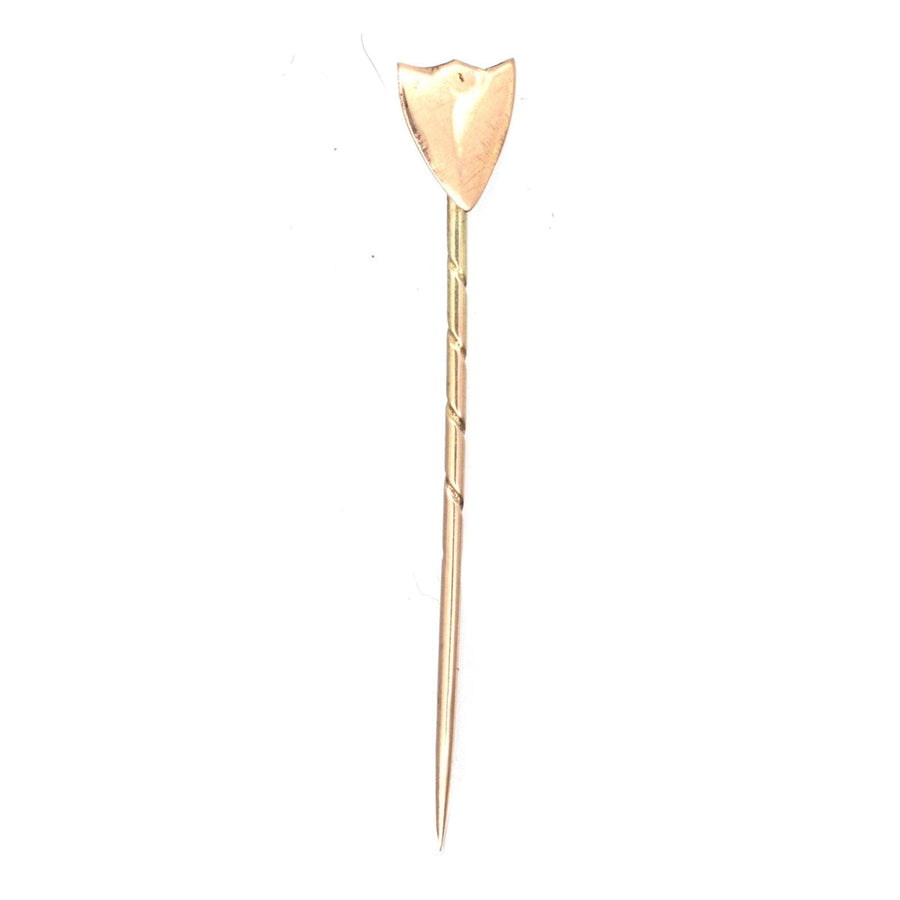 Edwardian 9ct Gold Plain Shield Tie Pin, stylish shield stickpin with modern design and engraved option.