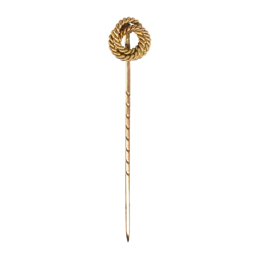 Edwardian 9ct gold round double knot rope tie pin, ideal gift for grooms, symbolizing love and commitment.