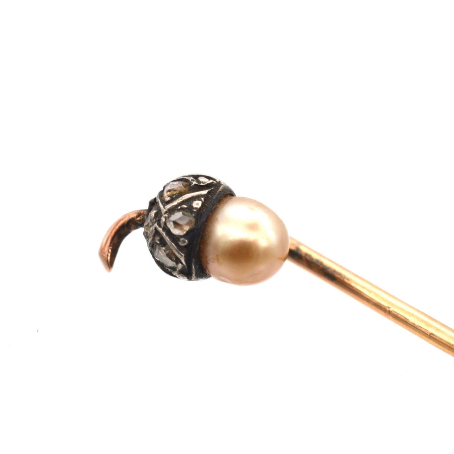 Edwardian 9ct Gold & Silver, Diamond & Natural Pearl Acorn Tie Pin | Parkin and Gerrish | Antique & Vintage Jewellery