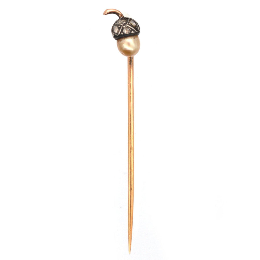 Edwardian 9ct Gold & Silver, Diamond & Natural Pearl Acorn Tie Pin | Parkin and Gerrish | Antique & Vintage Jewellery