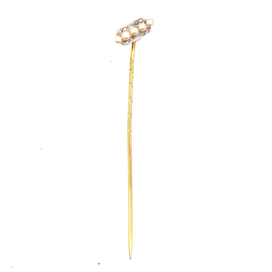 Edwardian Dutch Platinum & 14ct Gold tie pin featuring five pearls, perfect for accessorizing a silk tie.