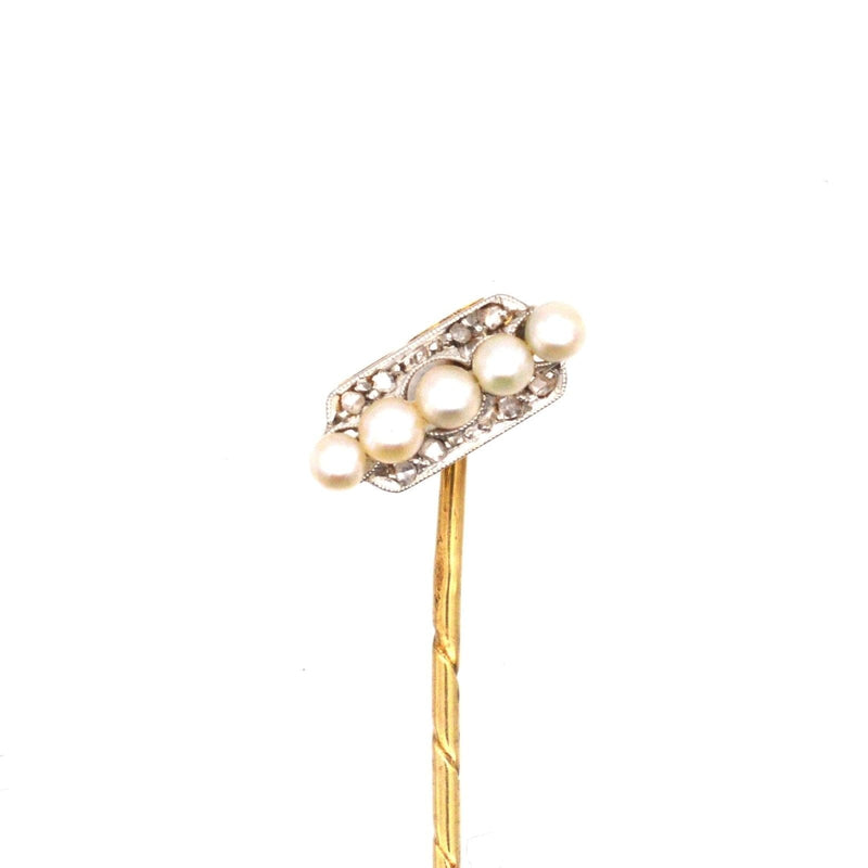 Edwardian Dutch Platinum & 14ct Gold, Five Pearl and Diamond Diagonal Tie Pin