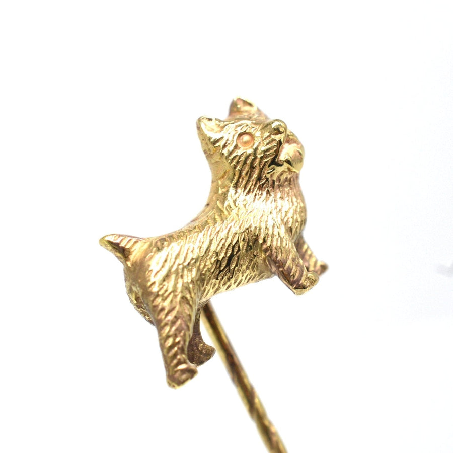 Edwardian 9ct gold Cairn Terrier dog tie pin, stylish accessory for silk ties and lapels, complete with stopper.