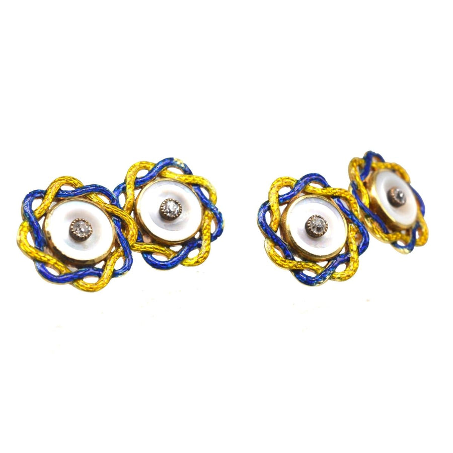 Elegant Edwardian cufflinks with mother of pearl, diamond, and vibrant blue and yellow enamel design.