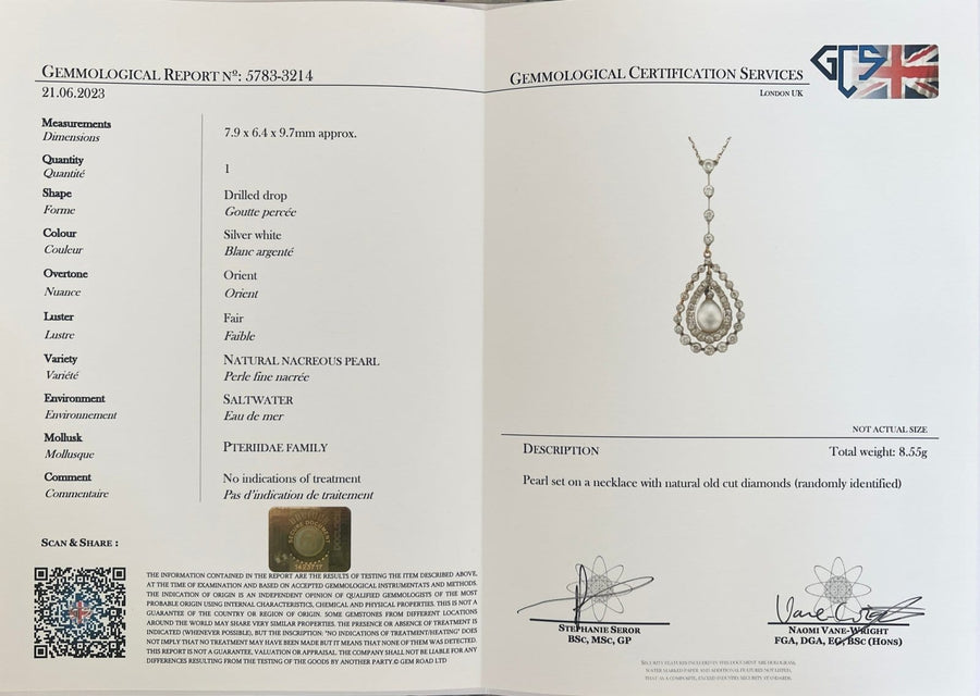GCS certificate for natural saltwater pearl pendant featuring diamond details, report number 5783-3214.
