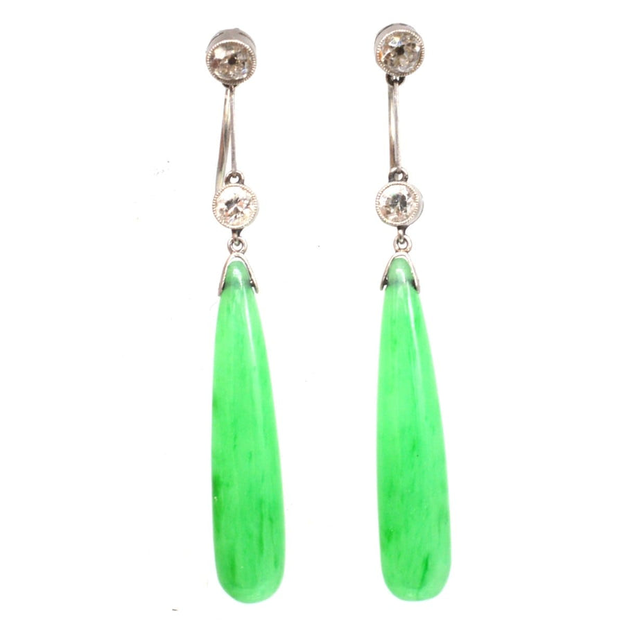 Edwardian platinum earrings featuring grade A natural jade drops and diamond accents, certified and in excellent condition.