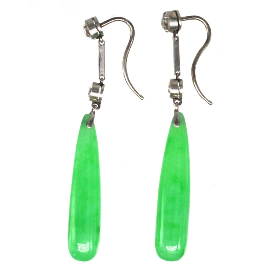 Edwardian platinum earrings featuring grade A natural jade drops and diamonds, elegantly designed for a vintage look.