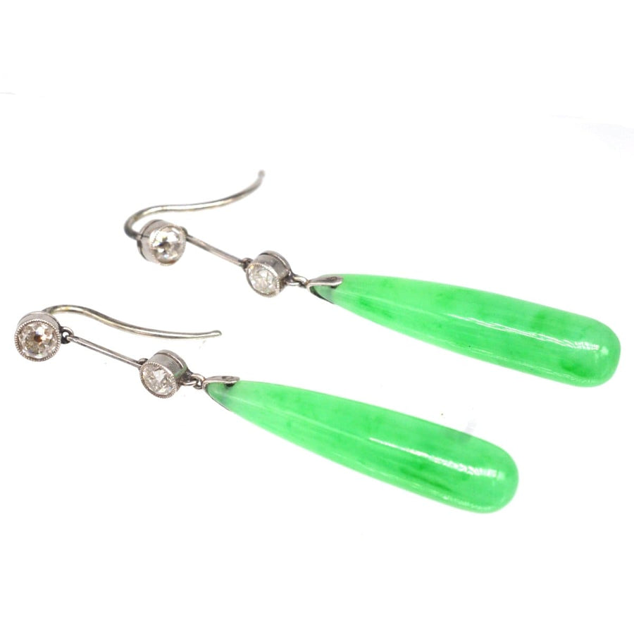 Edwardian platinum earrings featuring grade A natural jade drops and diamond accents, certified quality.