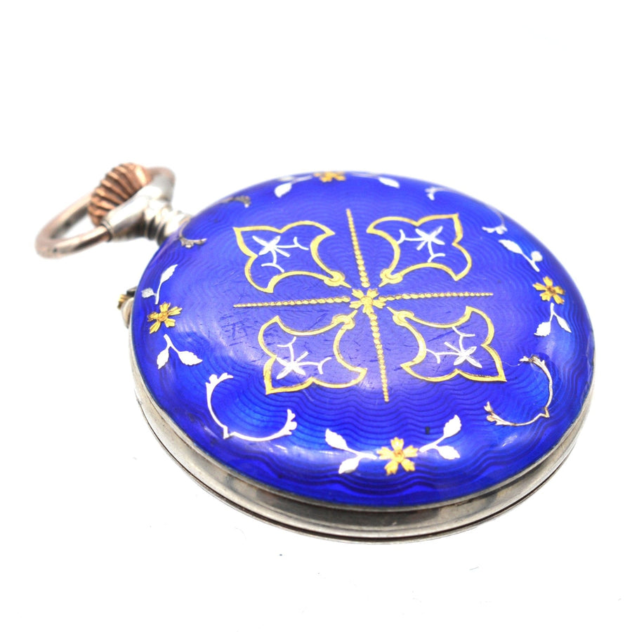 Edwardian silver pocket watch with royal blue guilloché enamel and gold floral design, imported to London in 1910.