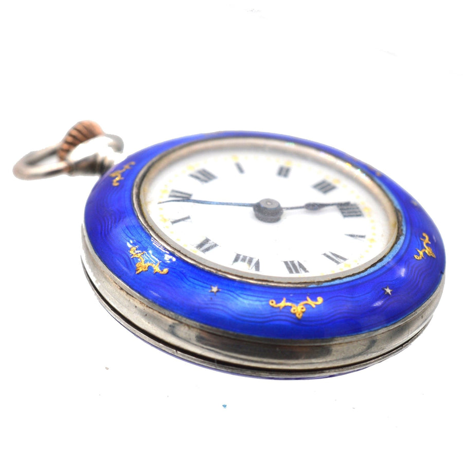 Edwardian silver pocket watch with royal blue guilloché enamel, Roman numerals, 1910 London import.