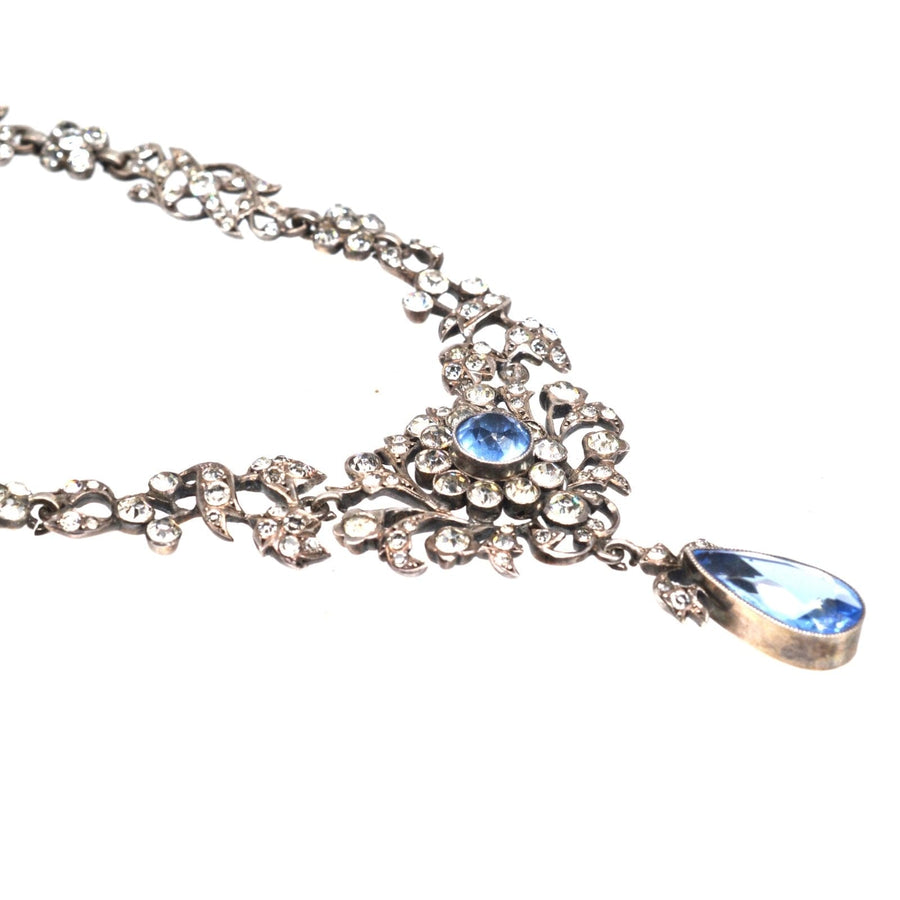Edwardian silver necklace with aquamarine paste and diamond cluster, perfect for weddings and elegant events.