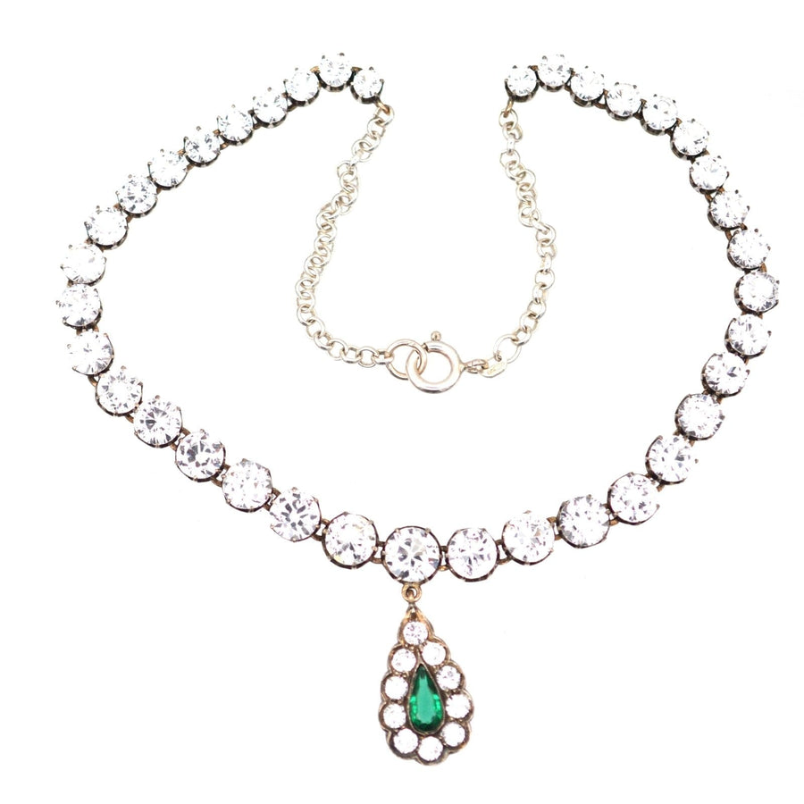 Edwardian white and green "Emerald" paste necklace with silver riviere and emerald drop, dramatic design close to the neck.