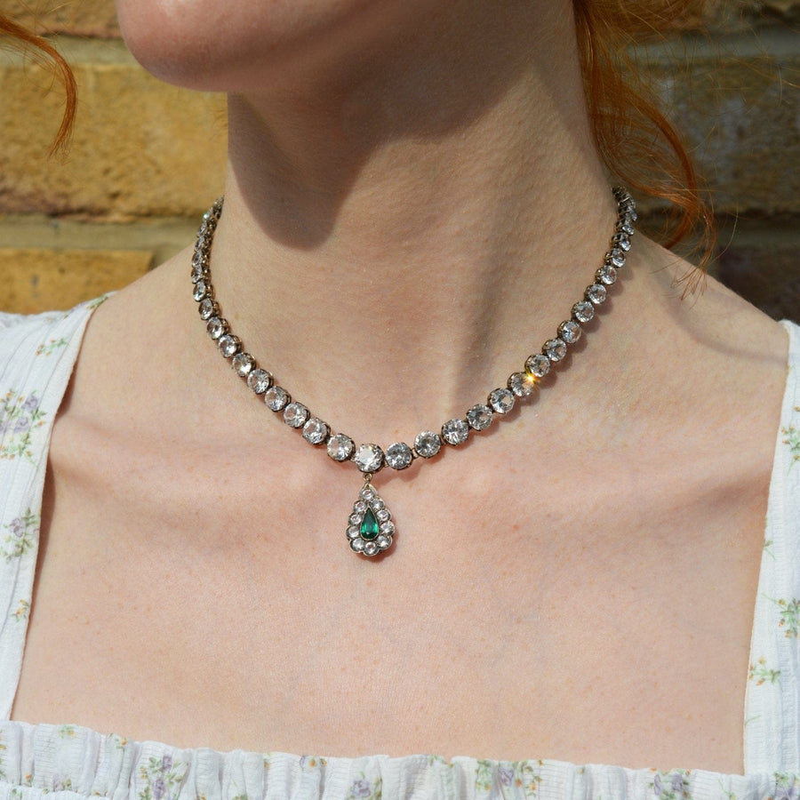 Edwardian white and green emerald paste drop necklace, silver riviere design, short dramatic look close to neck.