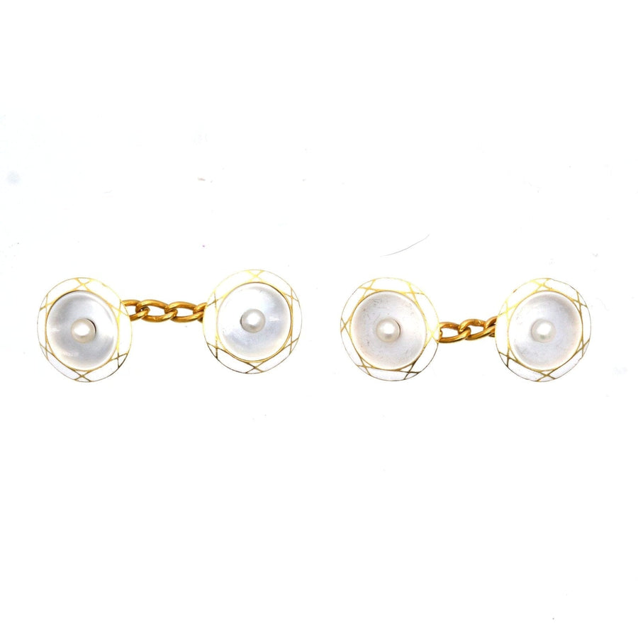 French 18ct gold cufflinks featuring natural pearls and mother of pearl in elegant design.