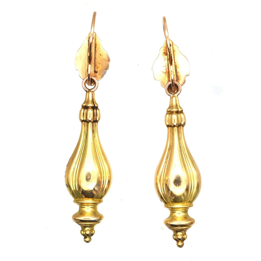 French 19th century 18ct gold drop earrings with intricate design, circa 1830s-1850, lightweight and elegant.