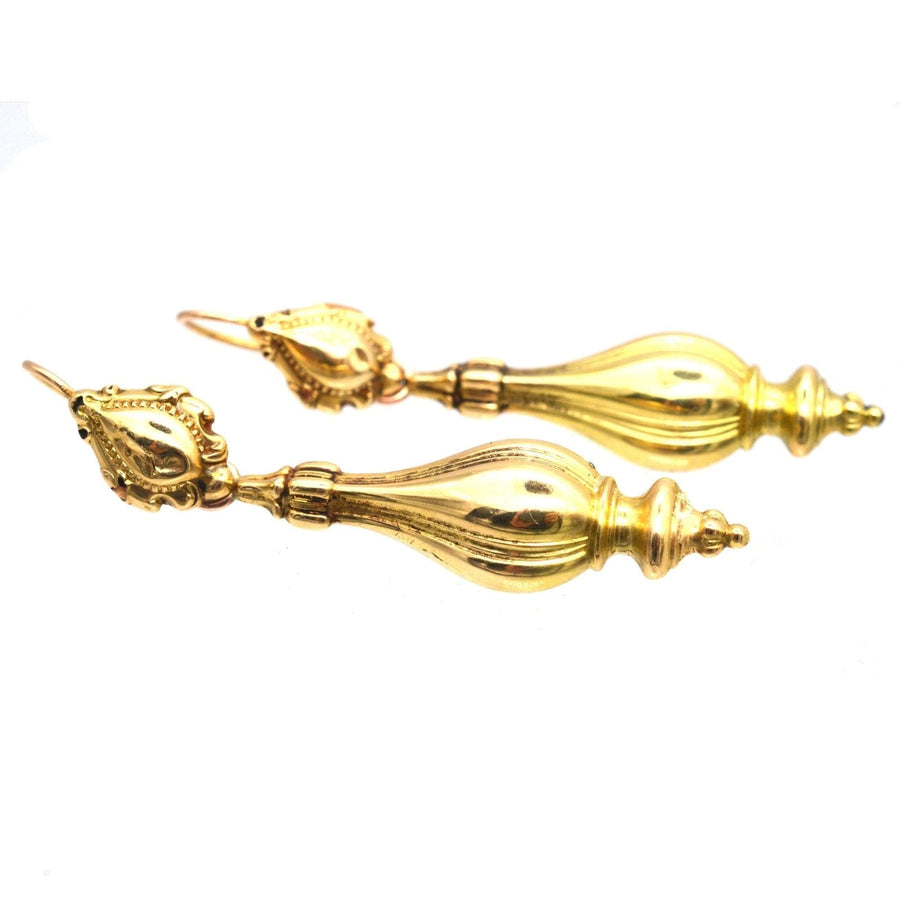 French 19th century 18ct gold 'Night And Day' drop earrings with intricate design, circa 1830-1850.