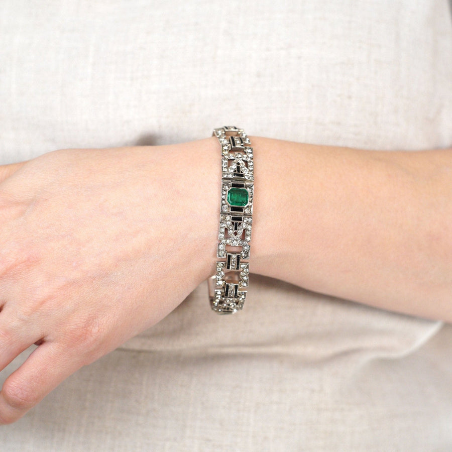 French Art Deco bracelet featuring Lazarus green, white diamond, and onyx paste for a luxurious vintage style.