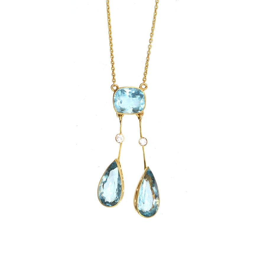 French Belle Epoque 18ct gold aquamarine double drop lavalliere pendant necklace with diamond accents.
