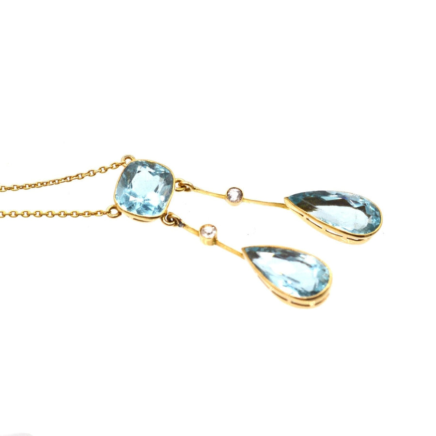 French Belle Epoque 18ct gold aquamarine double drop lavalliere pendant necklace.