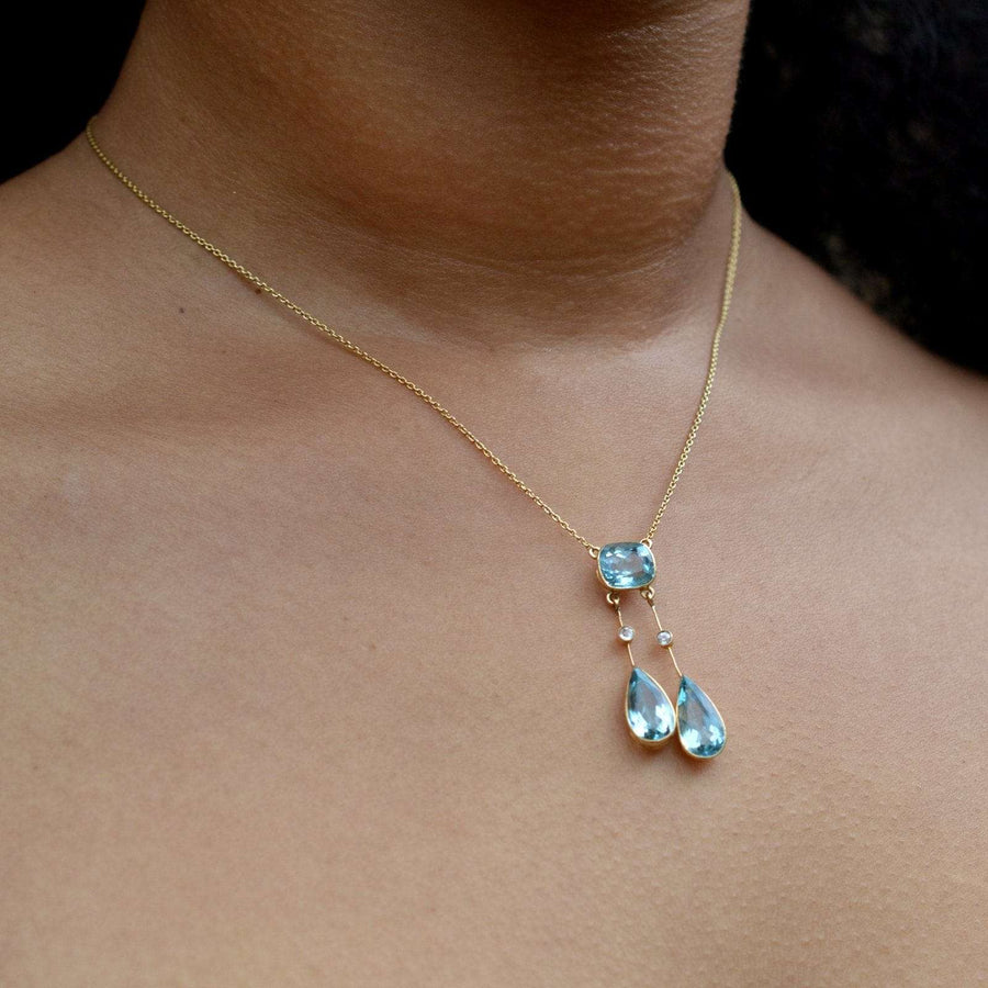 French Belle Epoque aquamarine double drop lavalliere pendant necklace in 18ct gold.