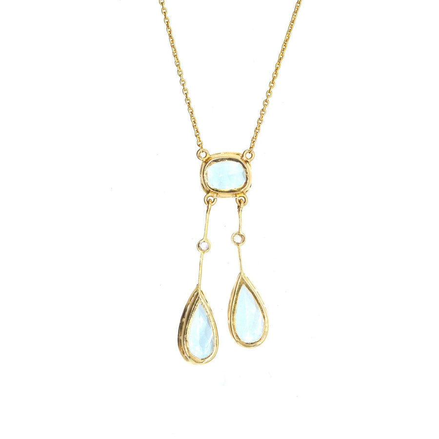 French Belle Epoque 18ct gold aquamarine double drop lavalliere pendant necklace.