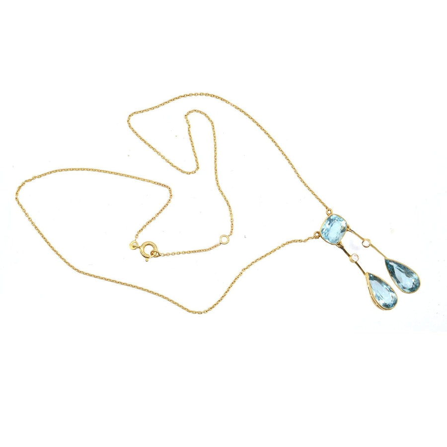 French Belle Epoque 18ct gold necklace with aquamarine double drop pendant, vintage elegance.