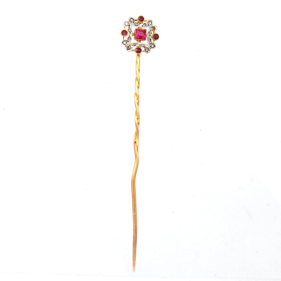 French Belle Époque 18ct Gold & Platinum Ruby & Diamond Tie Pin | Parkin and Gerrish | Antique & Vintage Jewellery