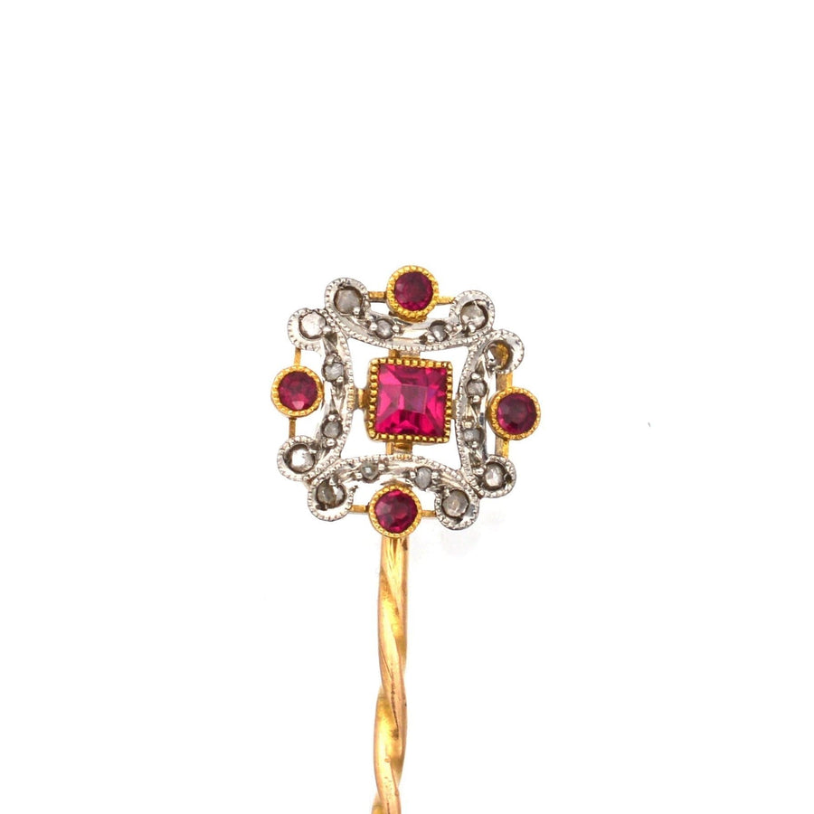 French Belle Époque 18ct Gold & Platinum Ruby & Diamond Tie Pin | Parkin and Gerrish | Antique & Vintage Jewellery