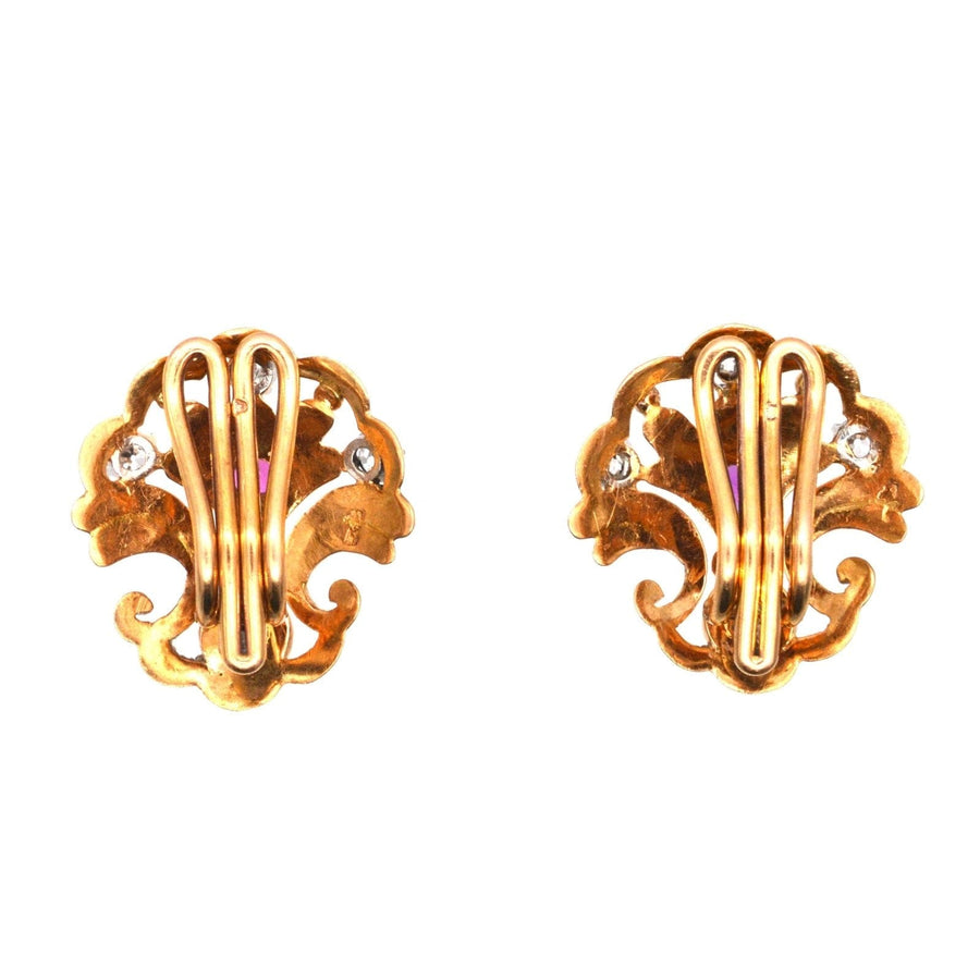 French Belle Époque 18ct Gold Clip On Earrings with Ruby and Diamond in scallop shell design