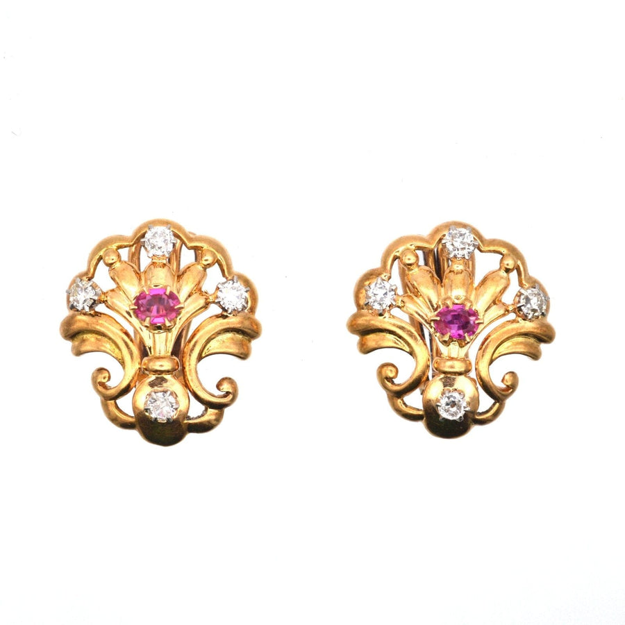 French Belle Époque 18ct gold clip-on earrings with ruby and diamond scallop shell design.