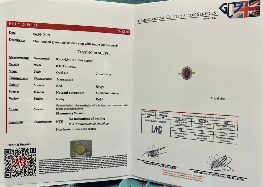 GCS certification document for a natural un-heated Burma ruby with diamond ring, showcasing details and authenticity.