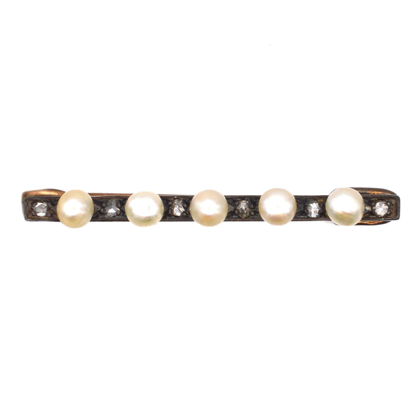 French Late 19th Century 18ct Gold and Silver Rose Cut Diamond & Natural Pearl Bar Brooch