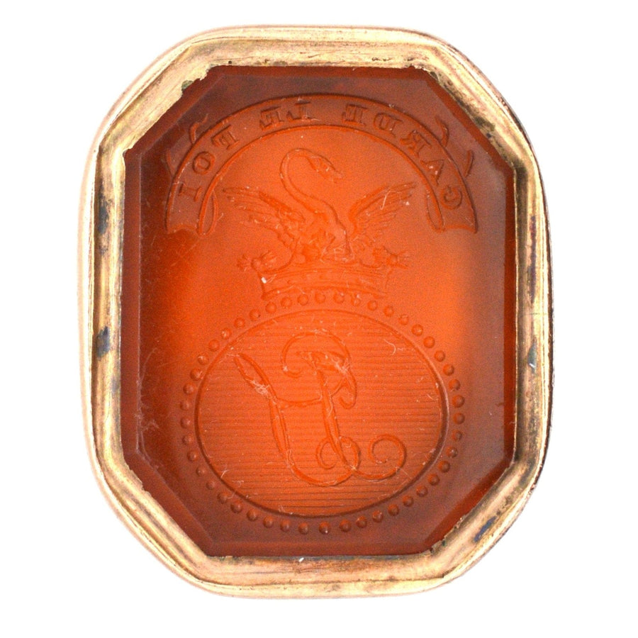 Georgian 9ct gold seal featuring the Earl of Stafford family crest, a crowned swan, and monogram JS, dating from the 1750s.