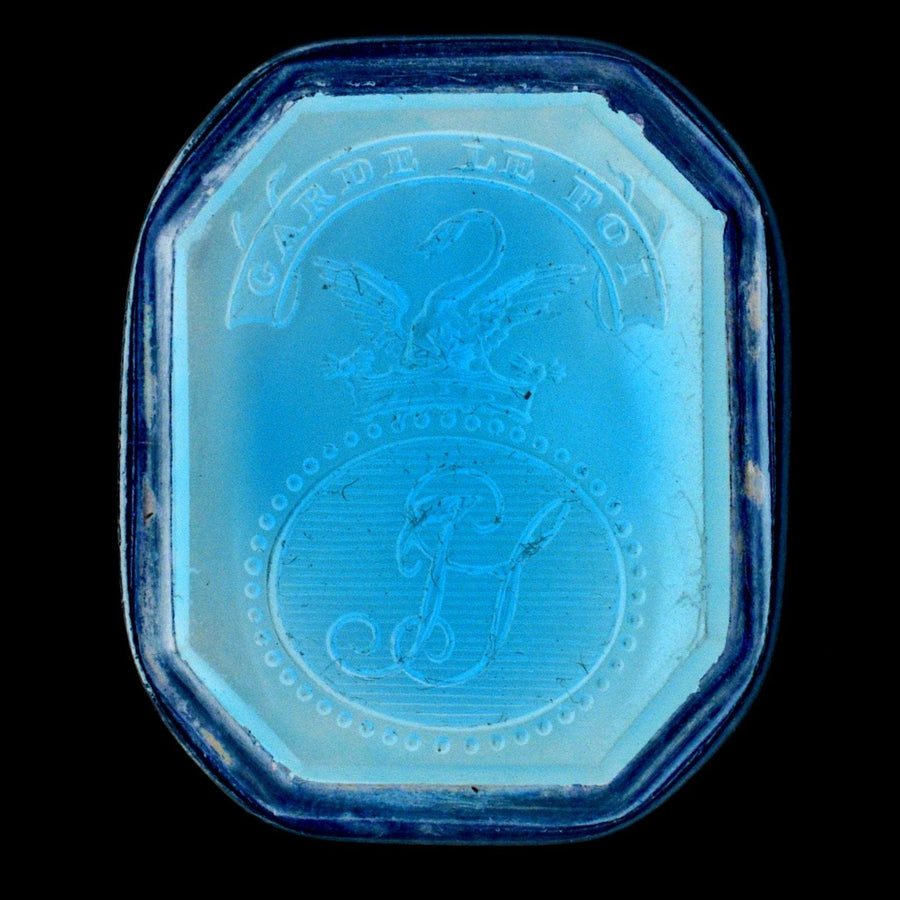 Georgian 9ct gold seal featuring the Stafford family crest with a crowned swan and monogram 'JS', dating from the 1750s.