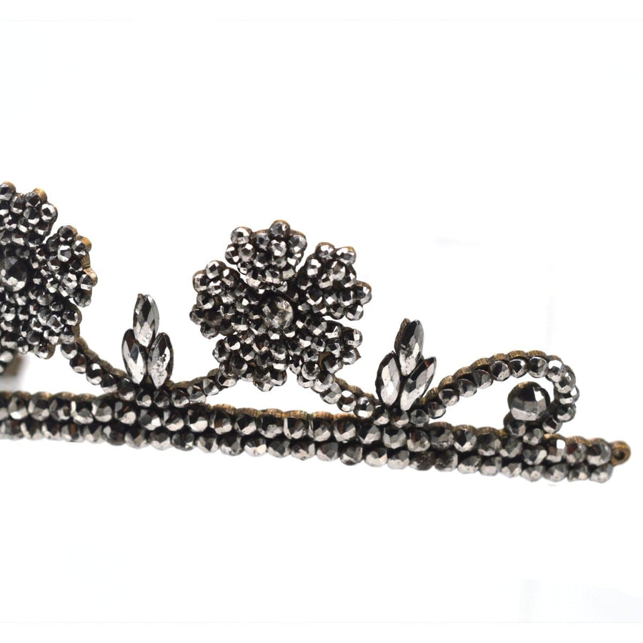 Georgian cut steel tiara with intricate wild rose design and swags, showcasing rare early 19th-century craftsmanship.