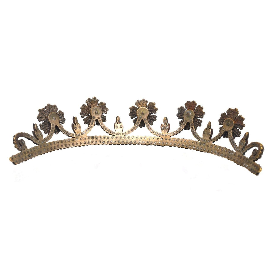 Georgian cut steel tiara featuring wild rose blooms and a swagged garland design, showcasing exquisite 19th-century craftsmanship.