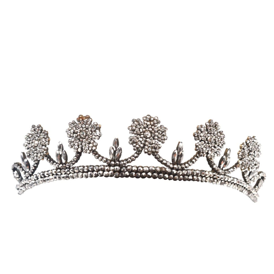 Georgian cut steel tiara featuring intricate wild rose blooms and garland design, glimmering with elegance.