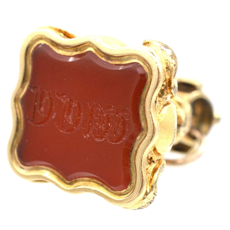 Georgian gold cased carnelian seal featuring engraved monogram WCC, intricate feather detail, vintage jewelry