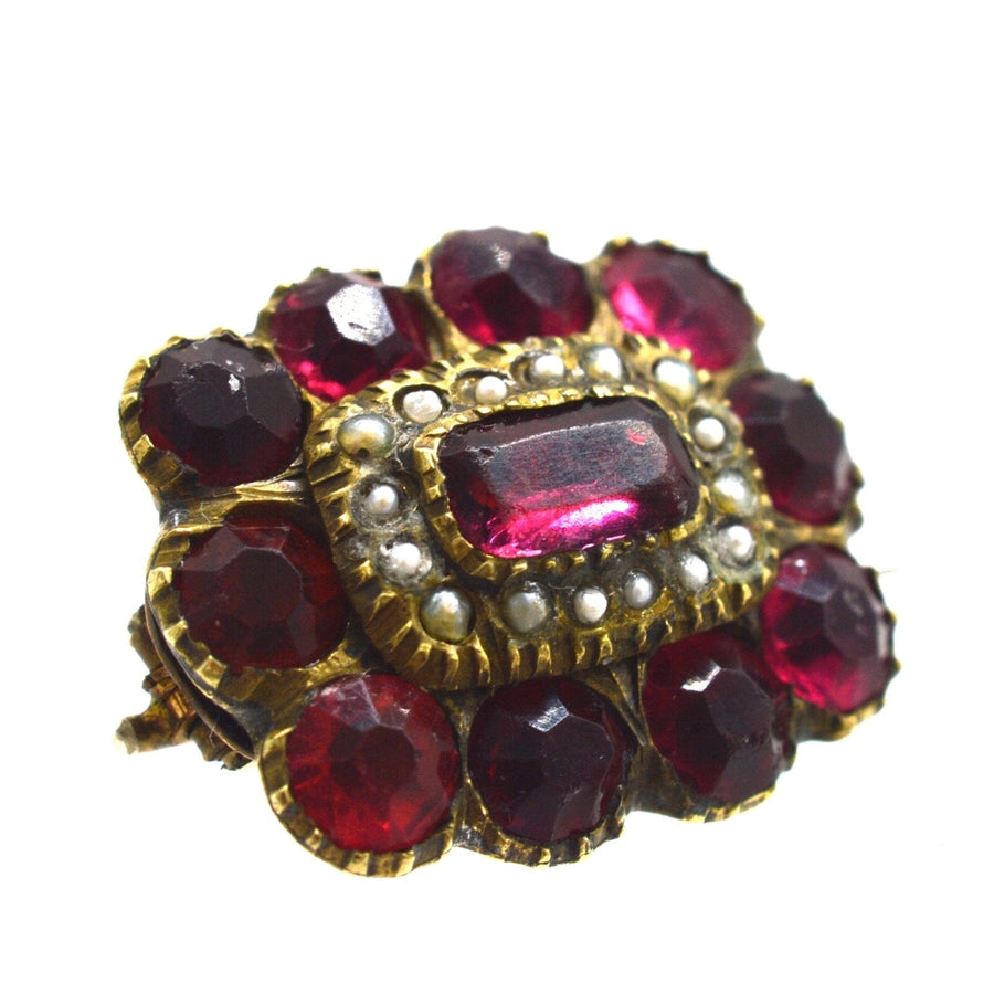 Georgian Red Paste "Garnet" brooch with pearl cluster, showcasing vibrant colors and vintage elegance.