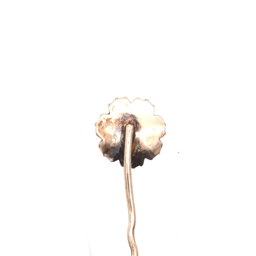 Back view of a Georgian Regency 9ct gold tie pin with a floral design, showcasing vintage Vauxhall glass craftsmanship.